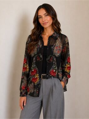 CAbi Black Sheer Floral Paisley Button-Down Shirt